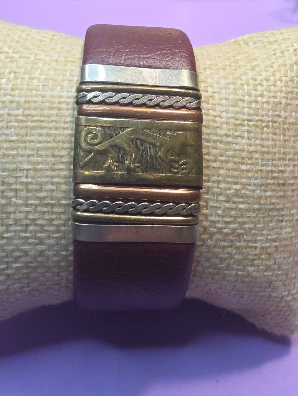 Leather Cuff Bracelet with Mixed Metal Accent - Brown
